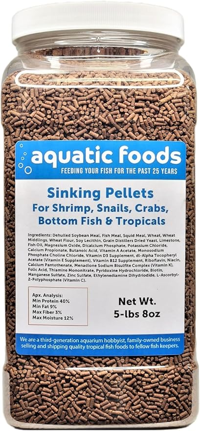 Shrimp Pellets, 40% Protein Sinking Pellet, 1/16" x 3/8" Pellets for Shrimp, Snails, Crabs, Catfish, Plecos for All Tropical Fish, by Zeigler…5-lb 8oz Lg Jar