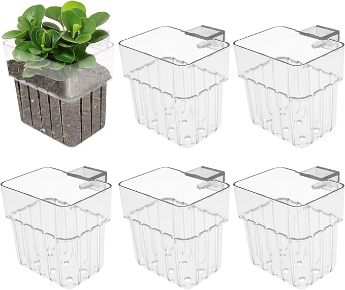 6 Pcs Clear Acrylic Aquarium Plant Holder with Hooks, Hanging Aquatic Plant Pot with Hole, Top Fish Tank Accessories for Fish Tank Aquaponic Plant and Aquascape Decorations