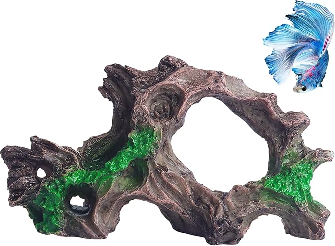 RUIAN Aquarium Tree Root Decor with Plants-Betta Fish Tank Ornament, Realistic Brown&Green Resin Hideaway Shelter for Small Fish(O Tree Root)