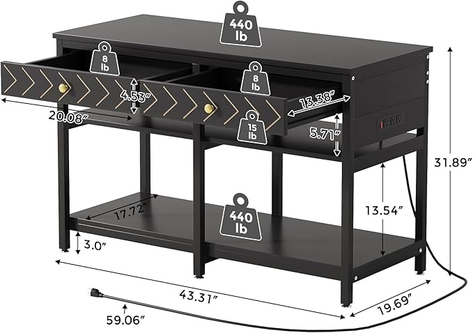 40-50 Gallon Aquarium Stand, Fish Tank Stand with Power Outlets and Drawers, Heavy Duty Metal Reptile Tank Stand for Turtle, 911LBS Capacity, Black (No Aquarium)