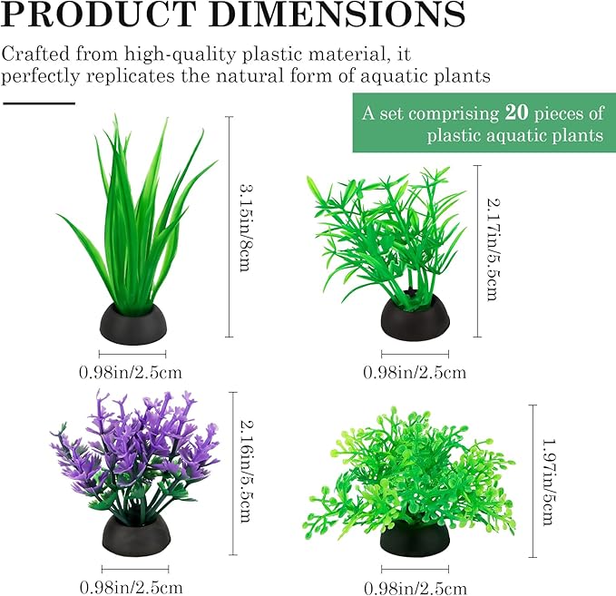 20PCS Colorful Aquarium Decorations Set - Artificial Plastic Plants with Stable Base Fake Underwater Plants for Freshwater Small Aquariums
