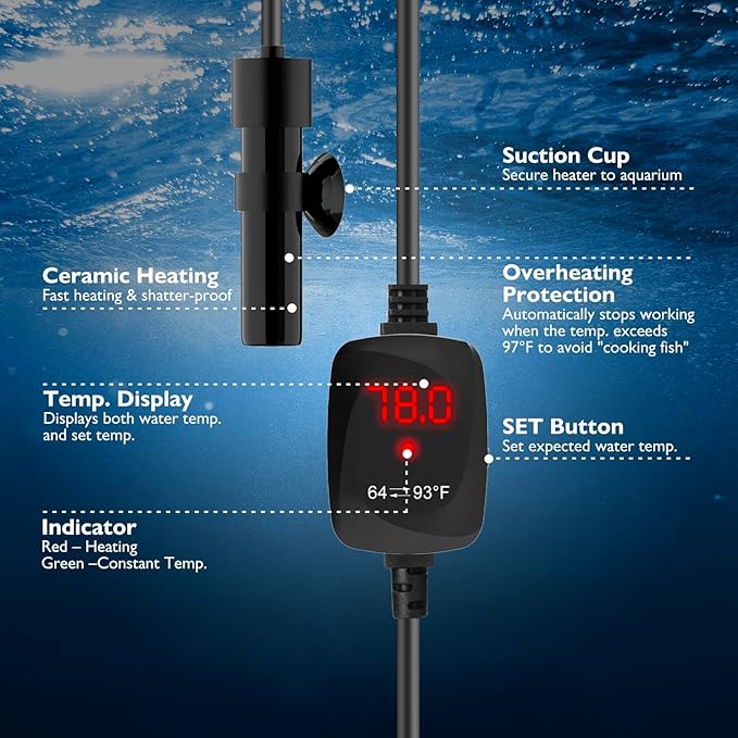 10W Mini Aquarium Heater 5V/2A USB Betta Heater for up to 1 Gallon Tanks, Alumina Ceramic Fish Tank Heater Turtle Heater with Dry-Run & Overheat Protection