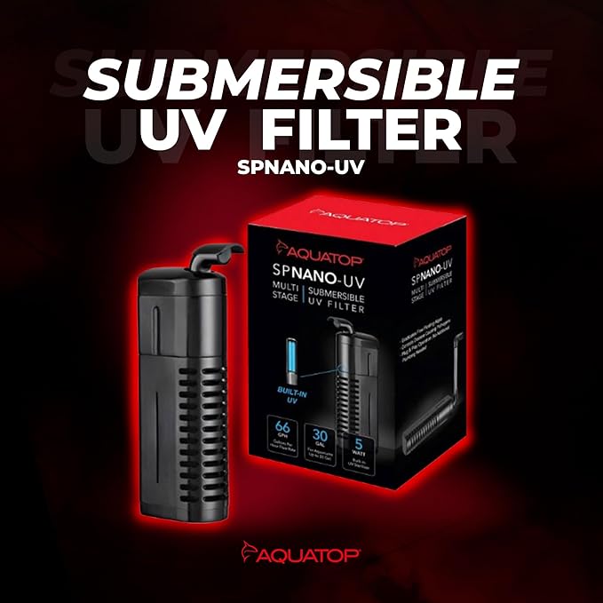Aquatop 5W Submersible Nano Filter – for 10-30 Gallon – 66 GPH Flow Rate – for Crystal Clear Water – Ideal for Fresh & Saltwater Use – SPNANO-UV