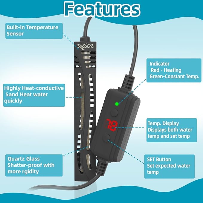SEAOURA Small Aquarium Heater, 25W Mini Turtle and Betta Fish Tank Heater 1-6 Gallon Tank, Adjustable Submersible Aquarium Heater with External Controller for Freshwater and Saltwater