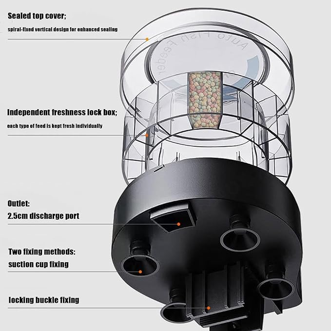 Fish Automatic Feeder - 105ml Airtight Aquarium Dispenser, Automatic Fish Tank Feeder with Separate Compartments |Food Dispenser for Aquarium Feeding for Turtle Pond Indoor Outdoor Vacation Pet