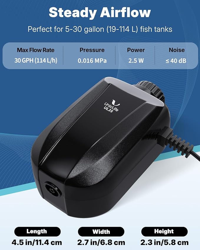 Pawfly Aquarium Air Pump, Fish Tank Air Pump, Quiet Adjustable Oxygen Pump with Mini Sponge Filter, Airline Tubing & Accessories, for 5-200 Gallon Fish Tank