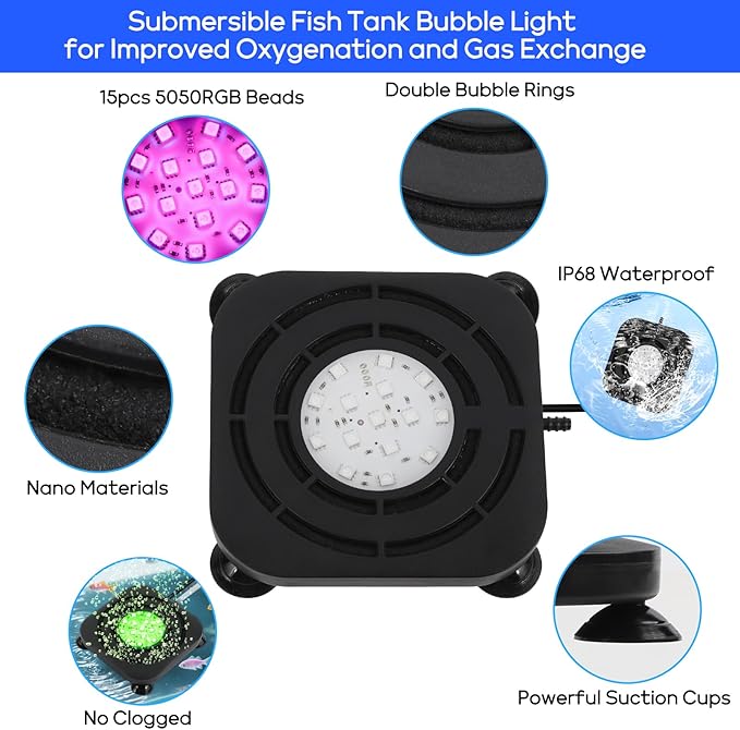 Submersible Fish Tank Decor Light: Aquarium Bubble LED Lights - IP68 Waterproof APP Remote Control 5050 RGB Color Changing Aquarium Decor Bubble Lamp for Fish Enthusiasts Aquatic Pets