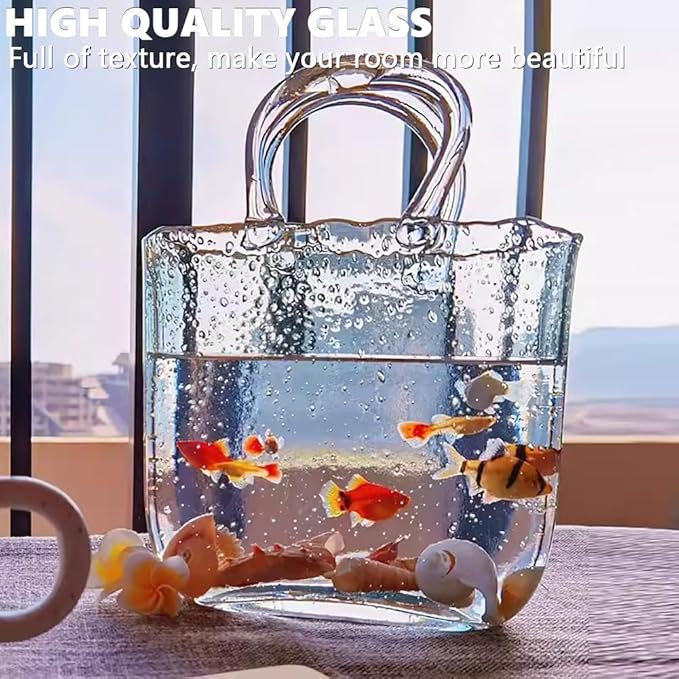 Open Glass Aquarium, Handbag Shaped Fish Tank, Special Shaped Transparent Betta Fish Tank, 2 in 1 Vase & Aquarium Container, Living Room Vase Decorations, Modern Aquarium for Girls,Pink
