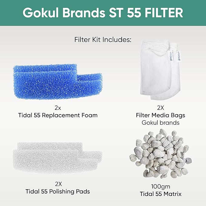 Tidal 55 Filter Maintenance and Replacement Filter Media Kit, Including Gokul Brands Aquarium Filter Media Bags (Tidal 55 Polishing Pads, 55 Foam Filter Sponge, 55 Matrix Bio Media)