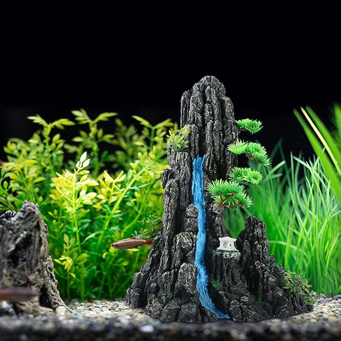 Large and Tall Fish Tank Decorations Aquarium L9.84x W6.14x H12.99inch, Resin Mountain View Aquarium Decor, Rock Thematic Ornaments with Tree & House for Betta Cichlid Goldfish Shrimp Playing Hiding