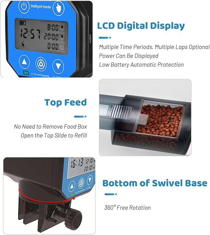 Automatic Fish Feeder,USB Rechargeable 200ML Large Capacity Aquarium Fish Tank Food Dispenser with Timer for Small Tank, Big Aquariums & Pond for Vacation and Weekend
