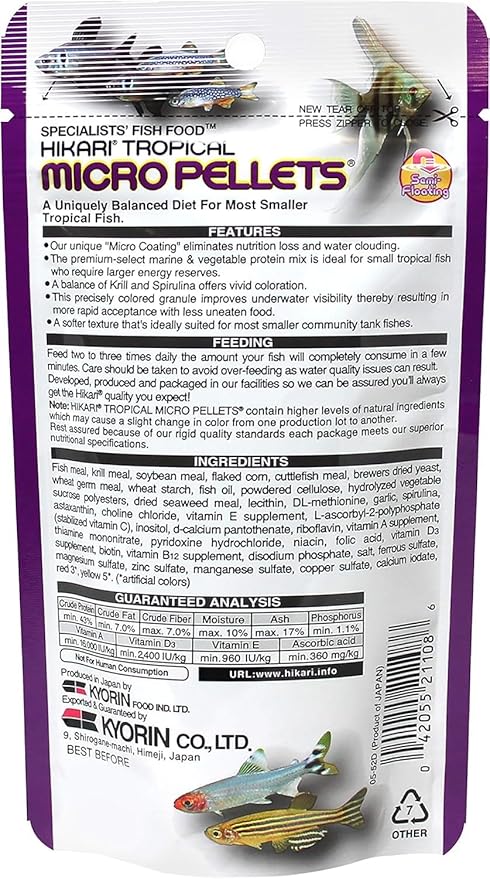Hikari Tropical Semi-Floating Micro Pellets Fish Food, 0.77 Oz (22g) | Pack of 2