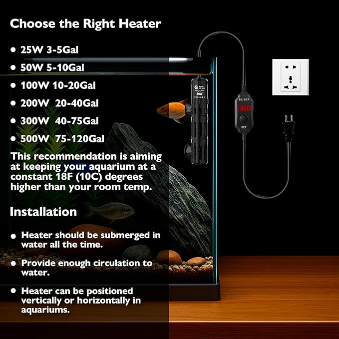 AquaMiracle Submersible Aquarium Heater, 50W Fish Tank Heaters with LED Digital Temp Display, Dry-Run Auto Power-Off & Overheat Protection, for Freshwater and Saltwater Tanks (5-10 Gal)