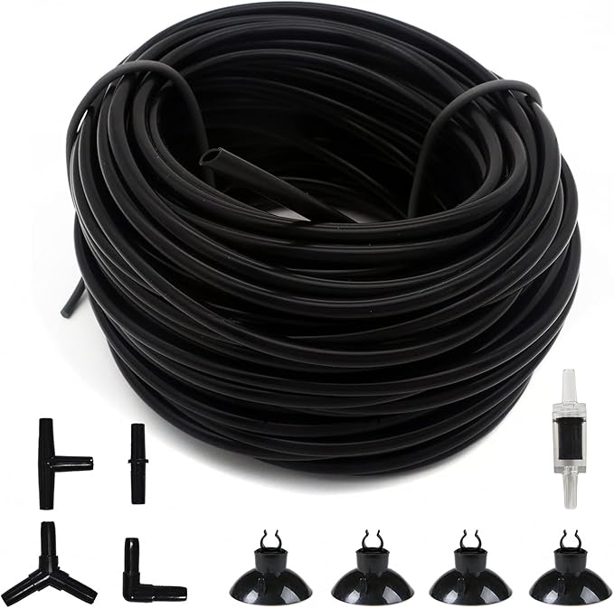 ALEGI 100 Feet 3/16 Inch Standard Aquarium Silicone Airline Tubing with Check Valves, Suction Cups and Connectors for Fish Tank, Hydroponics
