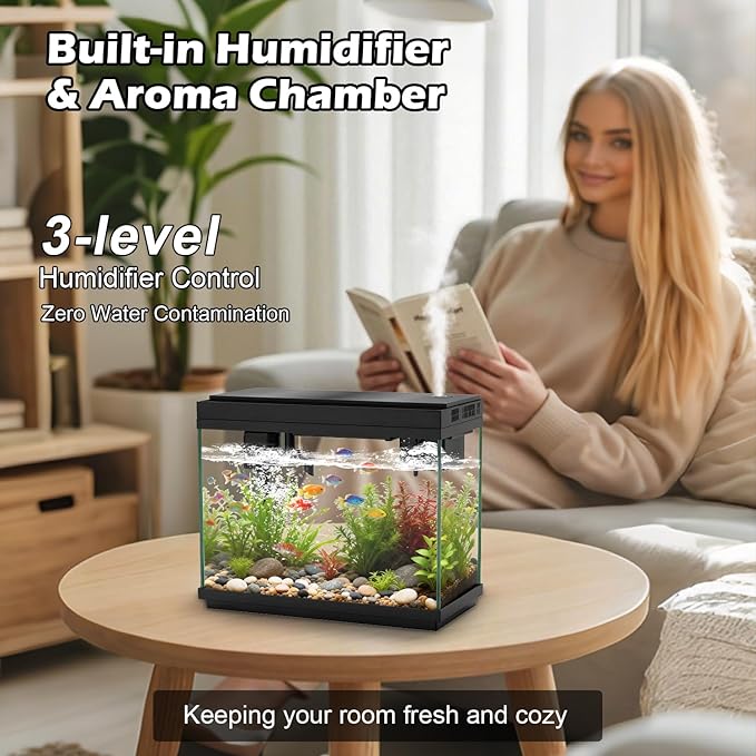 Smart Aquarium Fish Tank with Silent Water Pump, 2.4 Gallon Small Aquarium with Quick Start Kit, Temperature Display, Humidifier and RGB Lights, Perfect for Home, Office, and Decor, Black