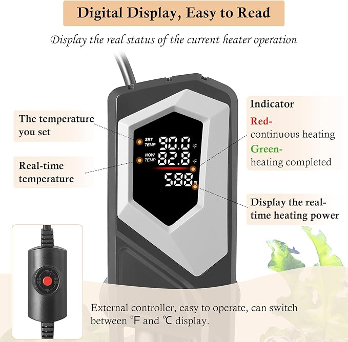 HITOP 600W Titanium Aquarium Heater: Digital Fish Tank Heater with External Controller, Submersible Aquarium Heater with Over-Temperature Protection for Saltwater and Freshwater 75-150Gallon