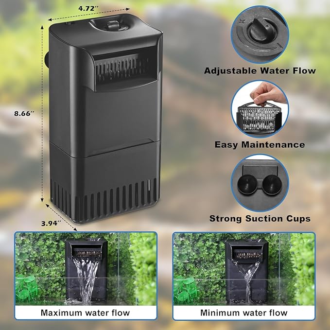 Turtle Tank Filter Power Adjustable 10-40 Gal. 222 GPH Aquarium Filter w/ Filter Mdeia Accessories 1Pcs Ceramic Ball Plate & 4pcs Low Water Level Power Filter Replacement Sponge Clip for IX-90 Filter