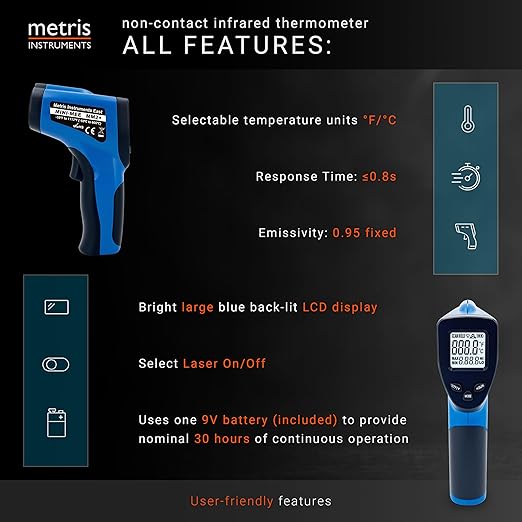 Metris Digital Infrared Thermometer for Aquarium Fish Tank, Reptile, Snake, Terrarium Accessories, Automotive, Laser Temperature Gun with 1-Point Aiming, MMM-2
