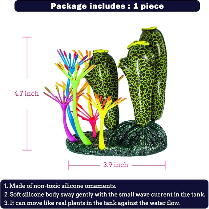 Dynamic Glow in The Dark Aquarium Decorations: Unleashing Visual Effects with Soft Silica Gel, Changing Lights, and Colorful Glowing Coral Ornaments (Dark Green, Seaweed Moon)