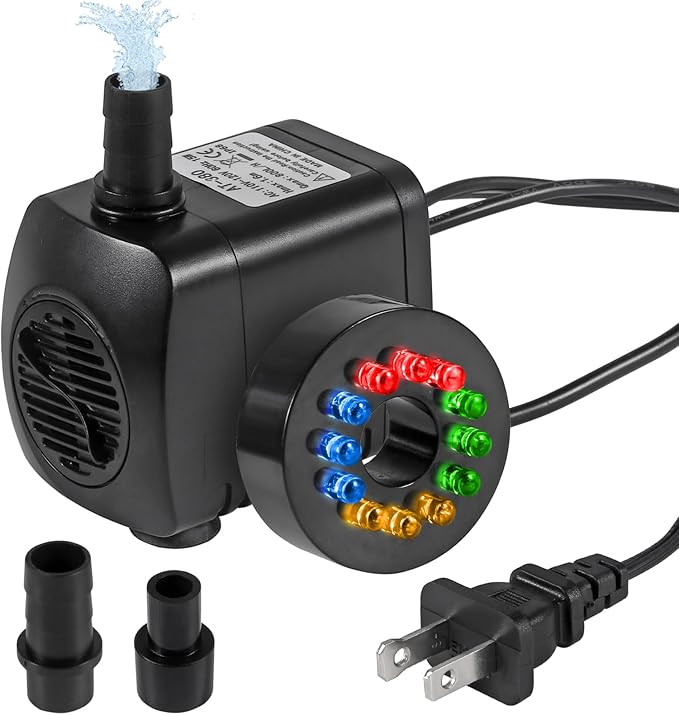 Submersible Water Fountain Pump 15W with LED Lights Aquarium Fish Tank Water Pump 260GPH for Aquarium Pond Statuary Gardens Water Feature Outdoor Fountain