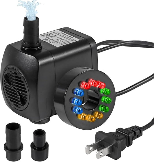 Submersible Water Fountain Pump 15W with LED Lights Aquarium Fish Tank Water Pump 260GPH for Aquarium Pond Statuary Gardens Water Feature Outdoor Fountain