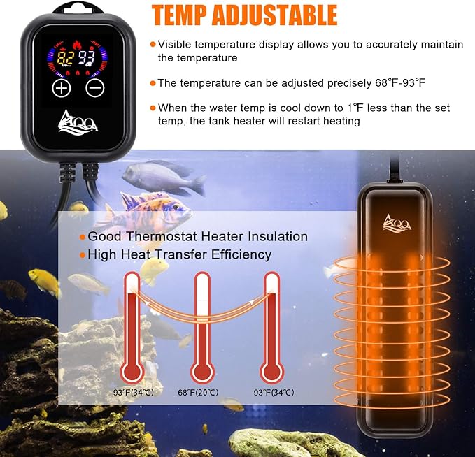 AQQA Aquarium Heater 800W for 80-220 Gallon Fish Tank Heater Submersible Betta Fish Heater for Aquarium Thermostat Heater for Freshwater and Saltwater (800W for 80-220 Gal)