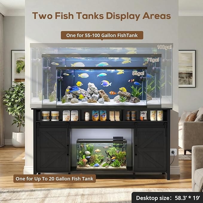VOWNER 75-120 Gallon Fish Tank Stand with Power Outlet, Farmhouse Aquarium Stand with Storage Cabinet & Sliding Barn Doors, Heavy Duty Reptile Tank Stand, for 2 Tanks, 1000LBS Capacity, Black