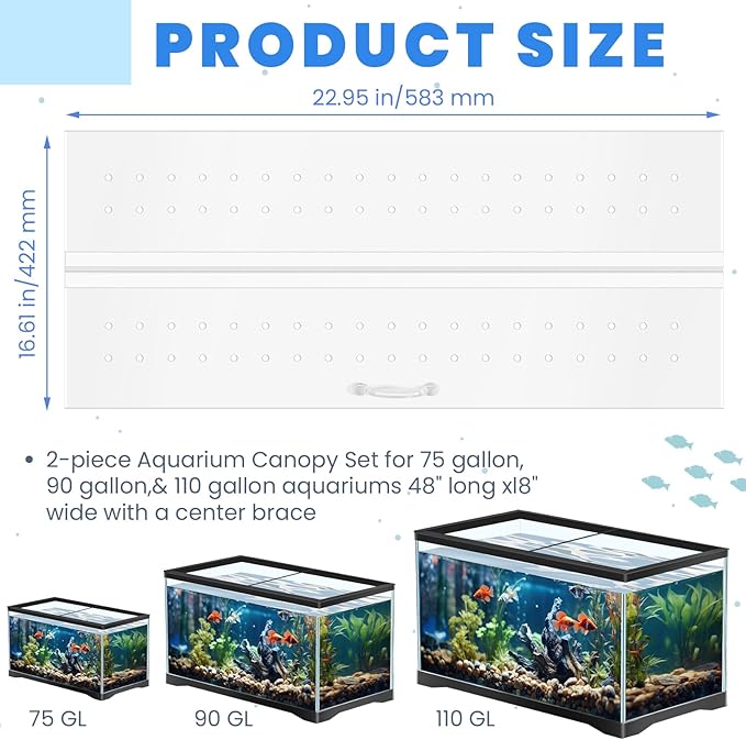 Sieral Aquarium Polycarbonate Canopy Set 2 Pcs 22.95 x 16.61 x 0.12 Inch for 75/90/110 Fish Tank with Center Brace Aquariums Cover Fish Tank Lid with a Hook Knife, Breathable Hole and Handle, Clear