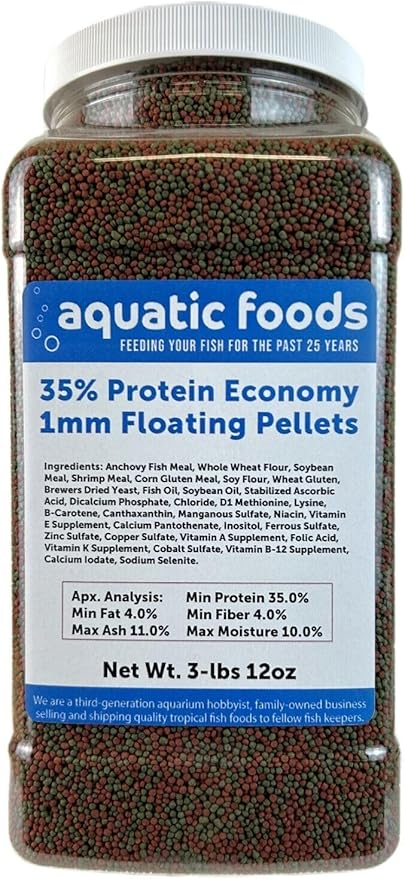 1mm - 1/32, 35% Protein Economy Floating Pellets for Tropical & Community Fish Tetras, Guppies, Angel Fish, Cichlids, Goldfish. All Tropical Fish - WL…3-lbs 12oz Jar