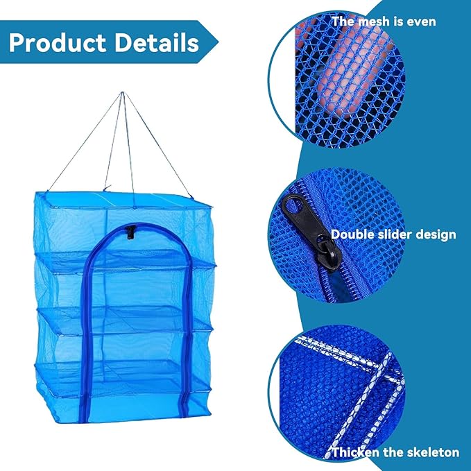 HERCHR Foldable Fish Drying Net, Collapsible Laundry Rack Net with Zippers 3 Layers Meat Drying Net Drying Rack Net Folding Fish Mesh for Shrimp Fish Fruit Vegetables