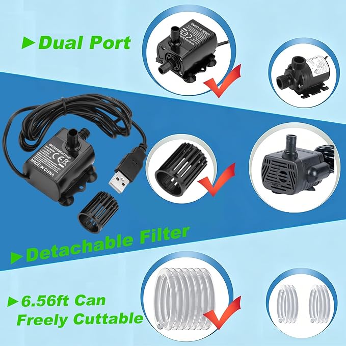 80GPH 5W USB Mini Water Pump With 2M(6.6ft) Clear Tube,300L/H durable fountain water pump for Pond Fountain, Aquariums Fish Tank, Statuary, Hydroponic 2-Pcs