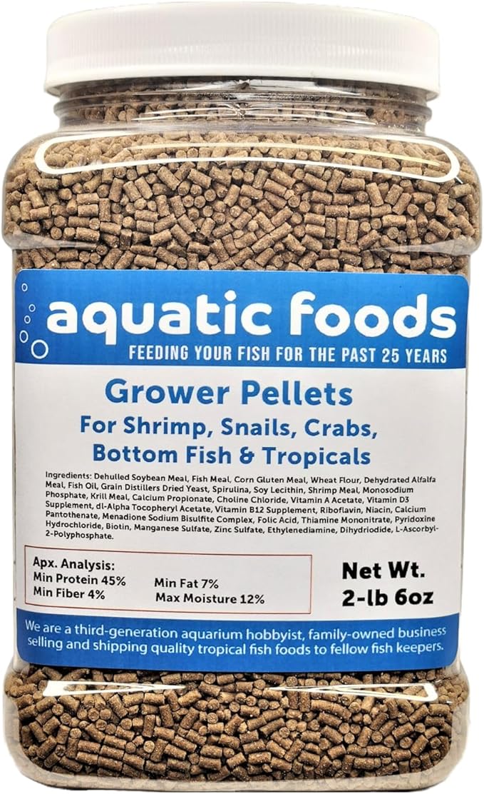 Shrimp Grower 45% Protein Sinking Pellets, 1/16" x 3/8" for Shrimp, Snails, Crabs, Catfish, Plecos - 2-lb 6oz Med Jar