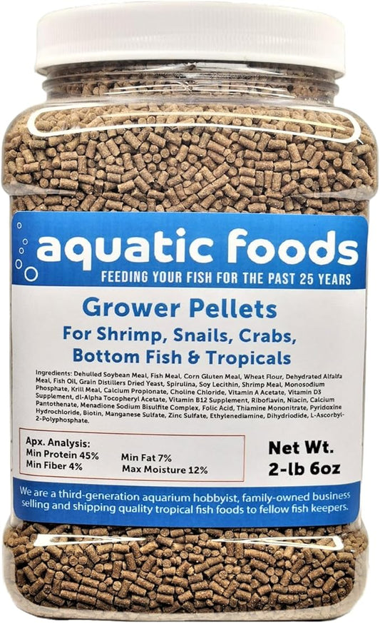 Shrimp Grower 45% Protein Sinking Pellets, 1/16" x 3/8" for Shrimp, Snails, Crabs, Catfish, Plecos - 2-lb 6oz Med Jar