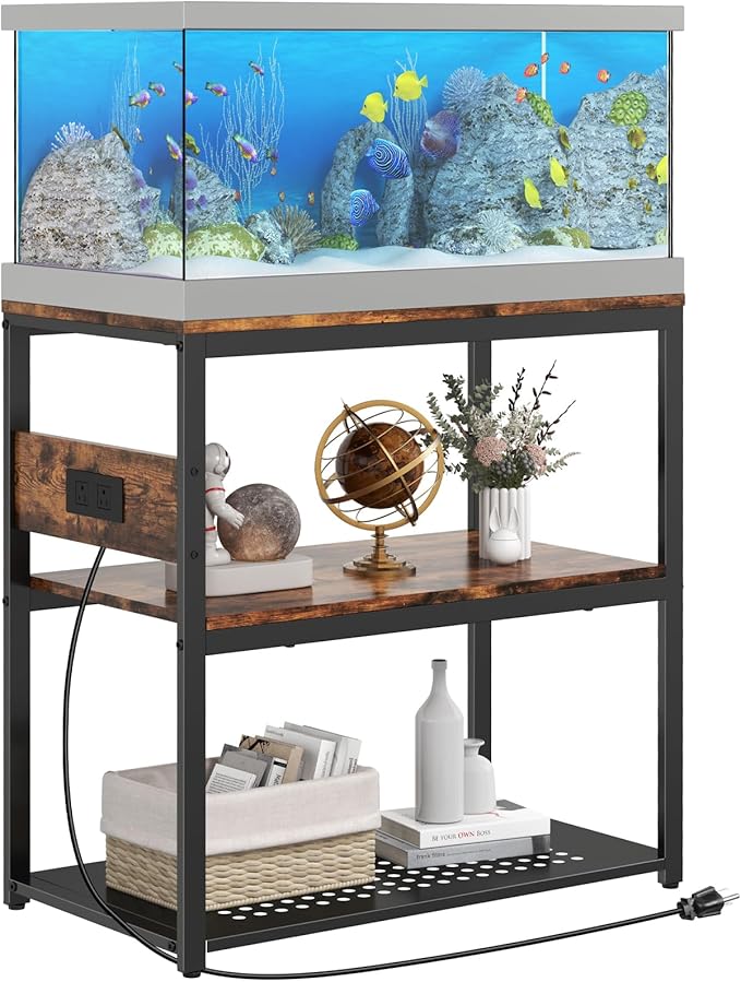 Livofloral 20-29 Gallon Fish Tank Stand With Power Outlets, 3-Tier Metal Aquarium Stands, Breeder Reptile Tank Stand with Shelf for Home Office, 660LBS Capacity, 29.5 x 15.8 x 30.1 inches, Brown