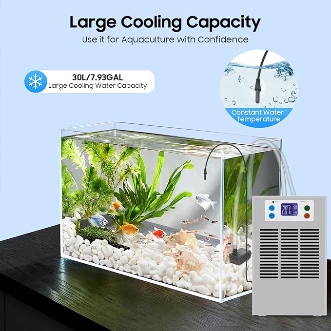 Water Chiller for Fish Tank, 30L/7.93GAL Cooling Capacity, 100W Aquarium Chiller with Digital Display, Precise Temp Control, Fish Tank Chiller for Axolotls, Coral Reef
