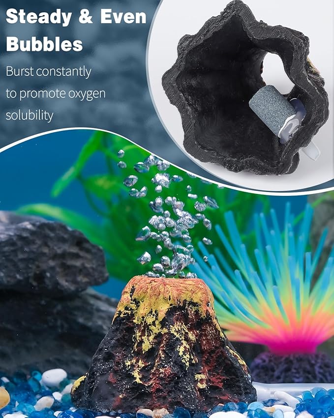 Uniclife Aquarium Volcano Ornament Kit, Fish Tank Decoration Mini Resin Volcanic Decor for Fish Tank Landscape Realistic Mountain with Air Stone Bubbler Airline Tubing Accessories for Oxygenation
