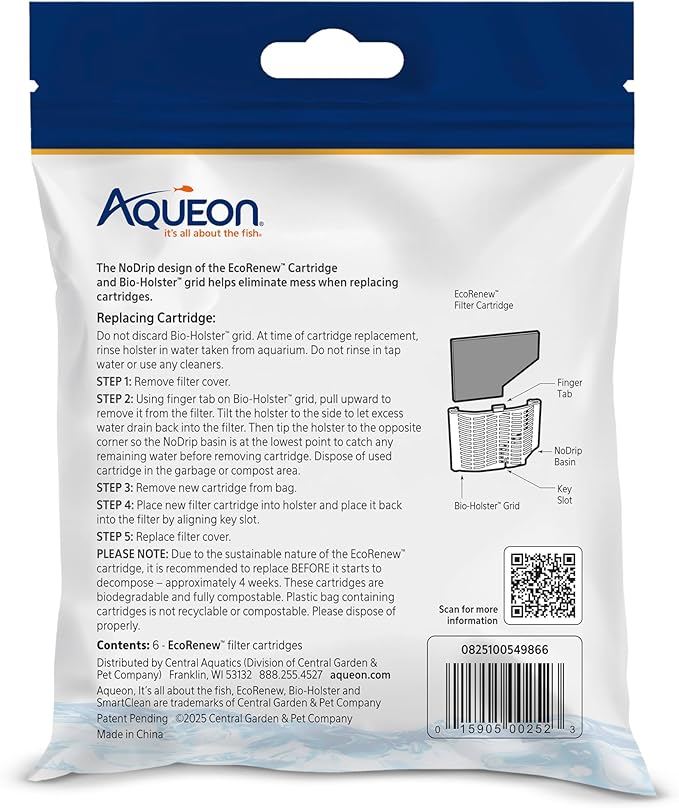Aqueon GENUINE EcoRenew Filter Cartridges, For Freshwater and Saltwater Aquariums, Small, 6-Pack