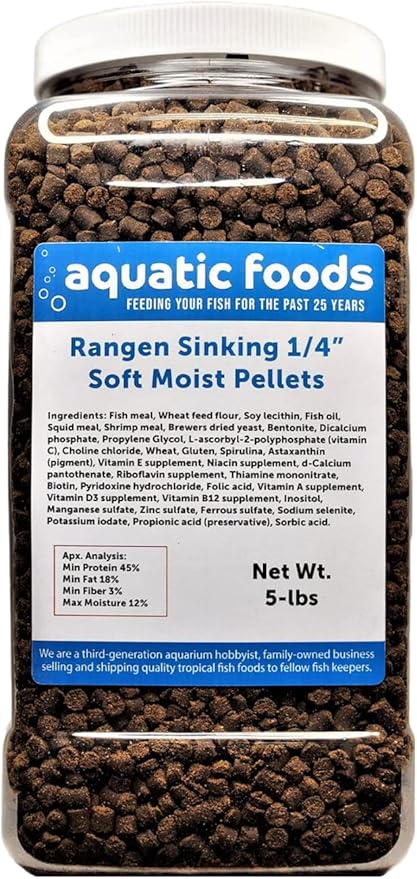 1/4" Soft Moist Sinking Salmon Pellets for Adult Axolotls, Shrimp, Snails, Crabs, Small Amphibians, Bottom Tropical Fish..5-lb Lg Jar
