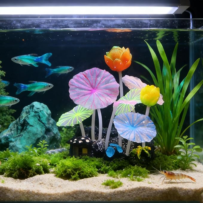 3-Petal Lotus Aquarium Decor with Weighted Base, Lifelike Silicone Lotus Flower & Leaf Ornament for Freshwater Fish Tanks, Betta Cave and Shrimp Shelter for Aquascaping