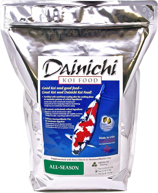 Dainichi Koi Fish Food, All-Season 11 lb Bag – Medium Floating Pellets (5.5 mm) for Koi, Goldfish and Pond Fish – Cold-Weather and Winter Formula – Easily Digestible Wheat Germ Formula
