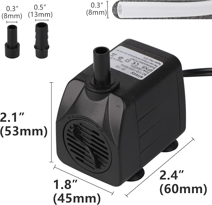 alizzy 150 GPH (570L/H) 10w Durable Small Submersible Water Pump with Tubing for Fountain, Aquarium, Fish Tank, Hydroponics, Pond