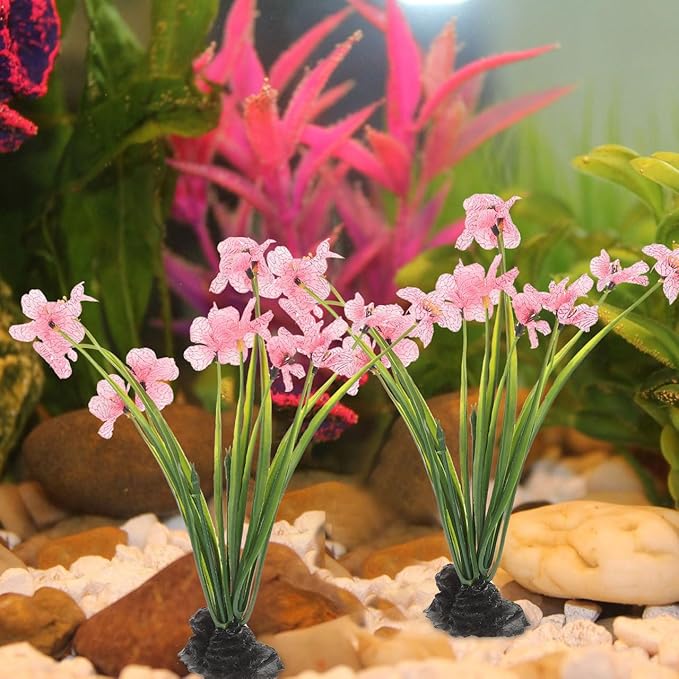 Veemoon 2 Pcs Pink Aquarium Artificial Plants, 7.47 Inch Tall Fake Lotus Flower Decor, Plastic Betta Fish Tank Desktop Bowl Accessories
