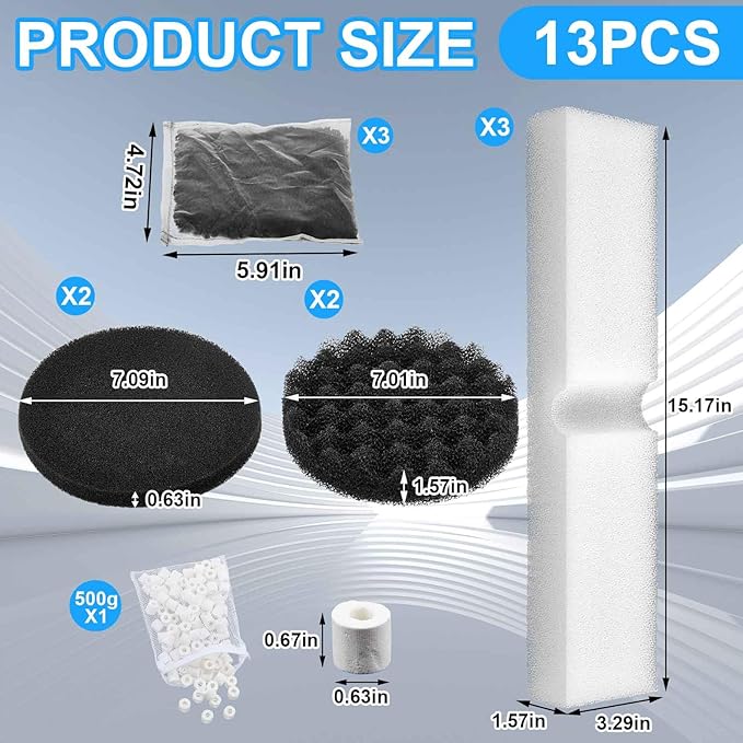 Threlaco 12 Pcs Aquarium Filter Media Kit Compatible with Fluval Fx4/fx5/fx6 Filter, Including Bio Sponge Pads, Carbon Foam Pad, Bio Sponge Block, Activated Carbon, Ceramic Rings, Silicone Lube