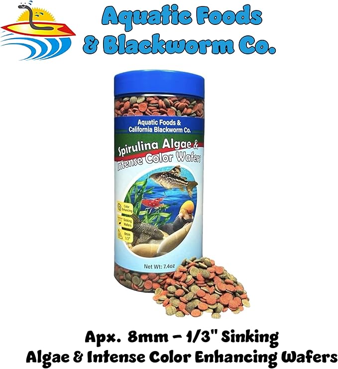 8mm - 1/3" Small Sinking Wafers of Spirulina, Algae & Color Enhancing Wafers for Bottom Fish, Shrimp, Snails & Tropicals. 4-Type Wafer & 12-Type Pellet Mix Included..12oz Canister