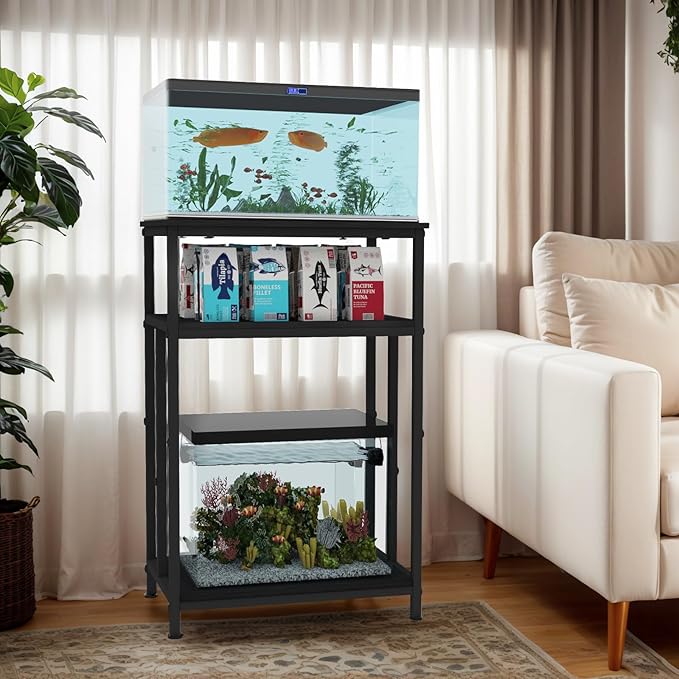 Fish Tank Stand, 3-Tier Aquarium Stand Reptile Tank Stand Heavy Duty Terrarium Stand for Home Office, Black, 5-10 Gallon