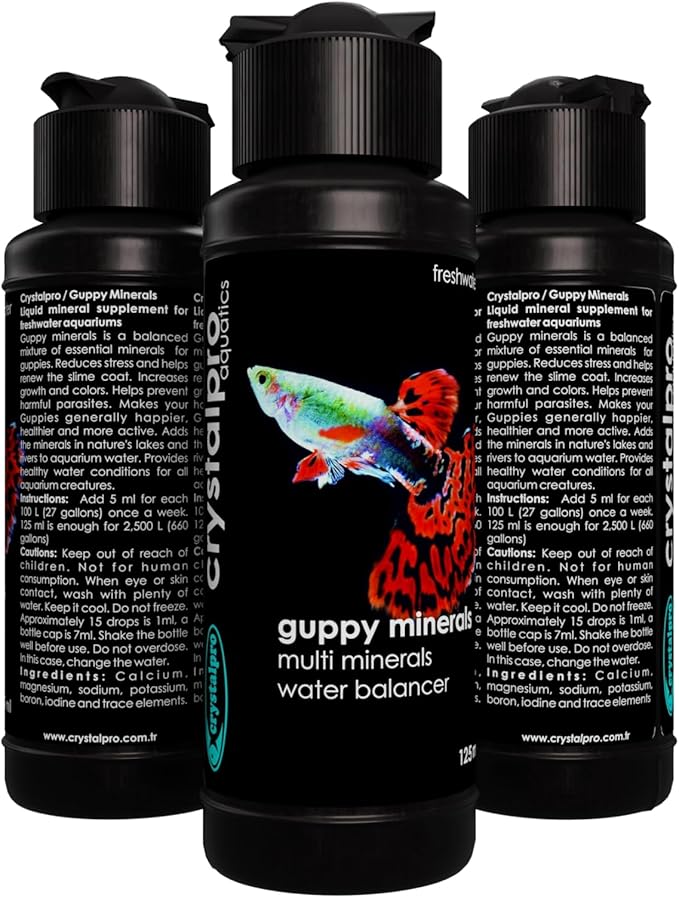 Crystalpro Guppy Minerals 4.22 Oz - Mineral Additive for Guppies - Replenishes Protective Coat and Improves General Health Freshwater Aquarium Salt (125 ml) Treats 660 Gallons