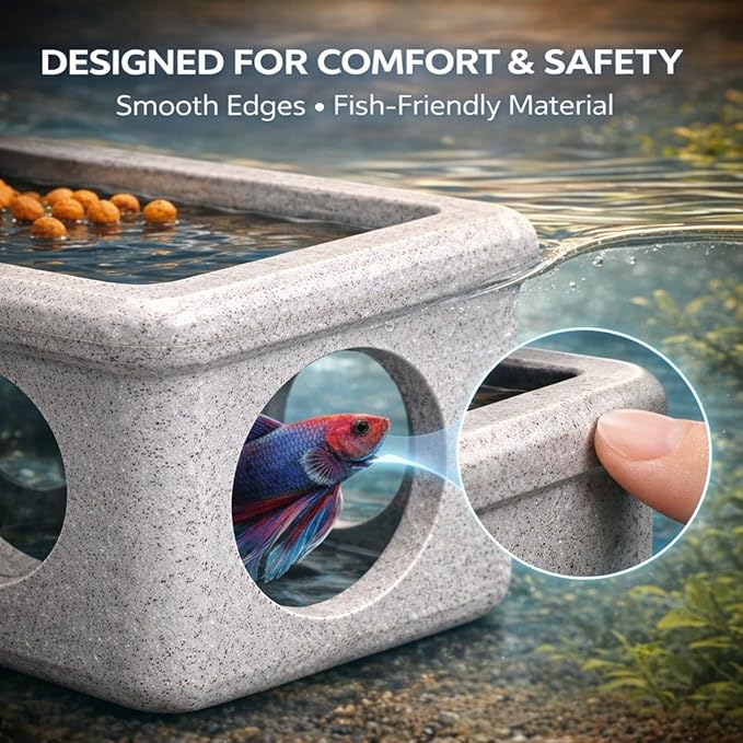 CPLIKE Marble Floating Betta Fish Hideout with Viewing Window & Round Holes – Floating Cave Hammock, Feeding Platform & Rest Tunnel – Betta Fish Shelter for Nano Tanks, Bowls & Small Aquariums