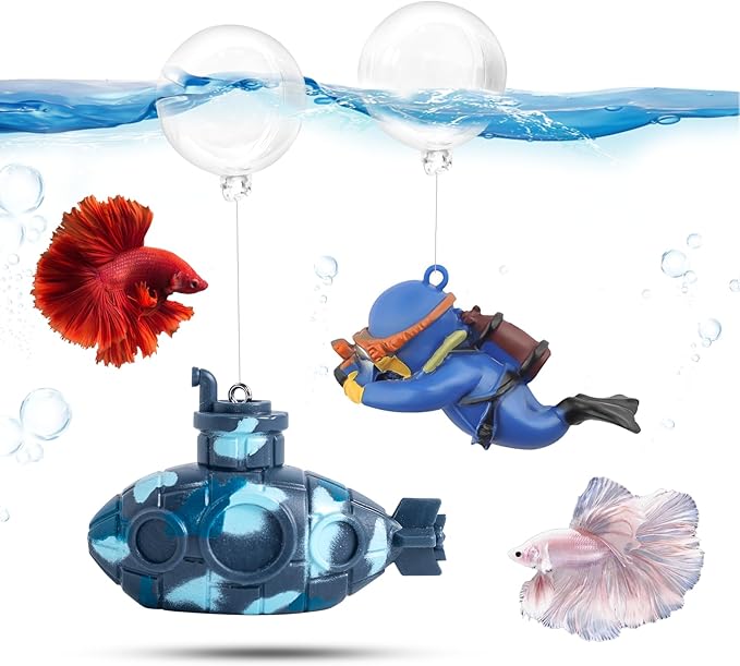 CousDUoBe 2.1 in Mini Floating Submarine Fish Tank Decoration Set，Cute Retro Submarine Set and Floating Diver,Aquarium Decorations Resinous Betta Fish Tank Accessories