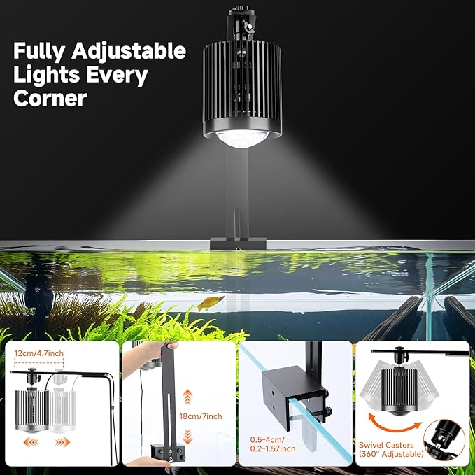 fishkeeper Clip On Aquarium Light, 24/7 Fish Tank Light with Timer, DIY 3 Colors & 10 Brightness Full Spectrum Aquarium LED Lights with Adjustable Metal Clamp for Freshwater Plants Fish Tanks (60W)