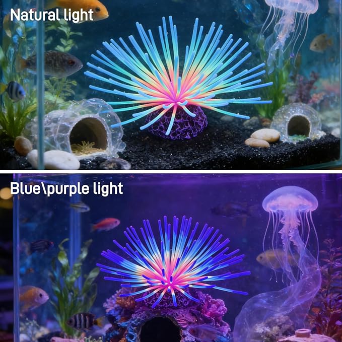 Fluorescent Rainbow Sea Urchin Aquarium Decor - Glows Under Blue Light, Weighted Silicone Ornament for Fish Tank with Swaying Spines, Saltwater & Freshwater, Vibrant Aquascape Centerpiece (Blue)